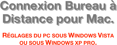 Connexion Bureau à Distance pour Mac.  Réglages du pc sous Windows Vista  ou sous Windows xp pro.